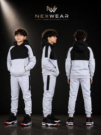 2PC Panelled Track suit Solid pocket hoodie and drawstring bottom