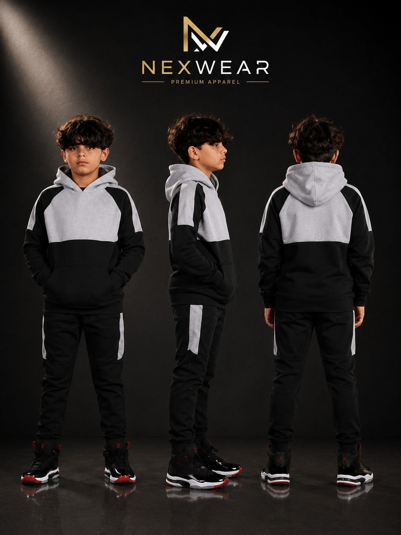 2PC Panelled Track suit Solid pocket hoodie and drawstring bottom
